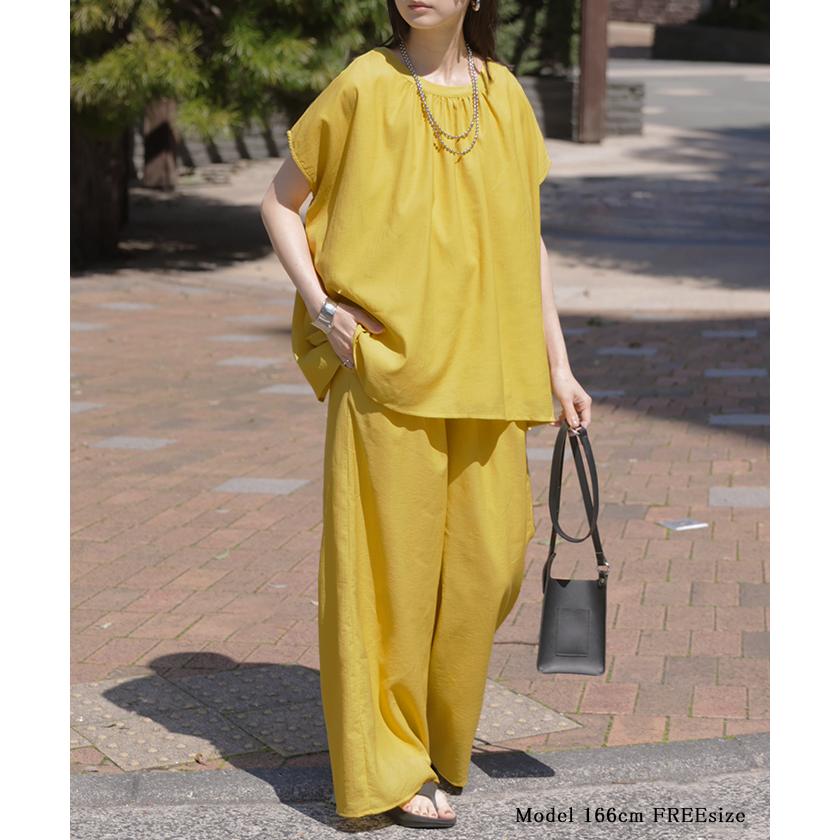 セットアップ 上下セット 2点セット レディース ボトムス パンツ トップス ブラウス フレンチスリーブ ギャザー 楊柳 ジョーゼット 半袖 ワイドパンツ ロング | HUG.U | 19