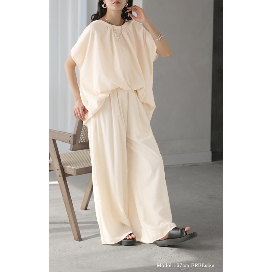 セットアップ 上下セット 2点セット レディース ボトムス パンツ トップス ブラウス フレンチスリーブ ギャザー 楊柳 ジョーゼット 半袖 ワイドパンツ ロング | HUG.U | 20