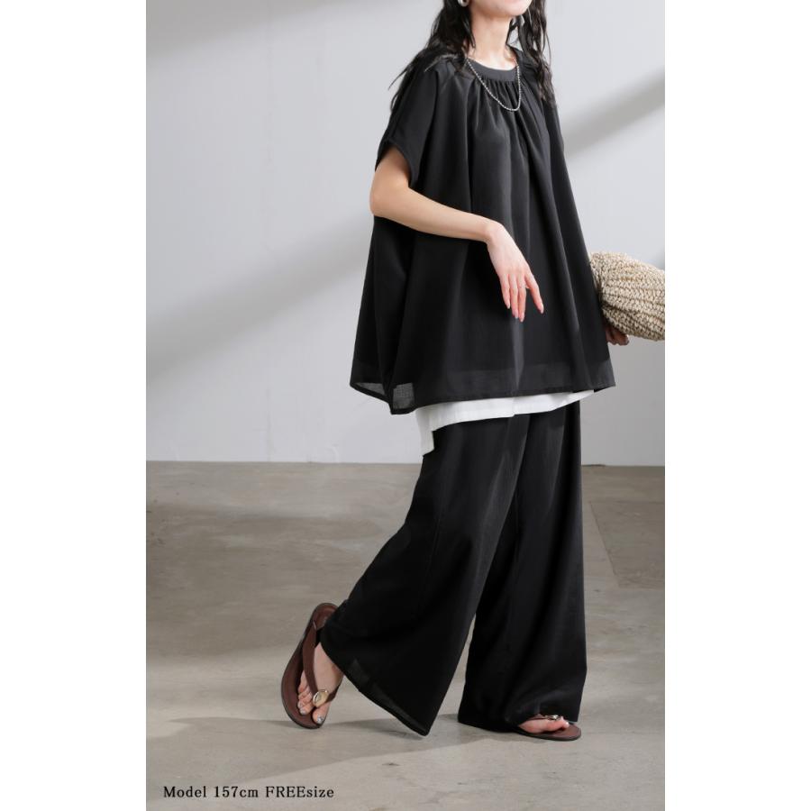 セットアップ 上下セット 2点セット レディース ボトムス パンツ トップス ブラウス フレンチスリーブ ギャザー 楊柳 ジョーゼット 半袖 ワイドパンツ ロング | HUG.U | 07