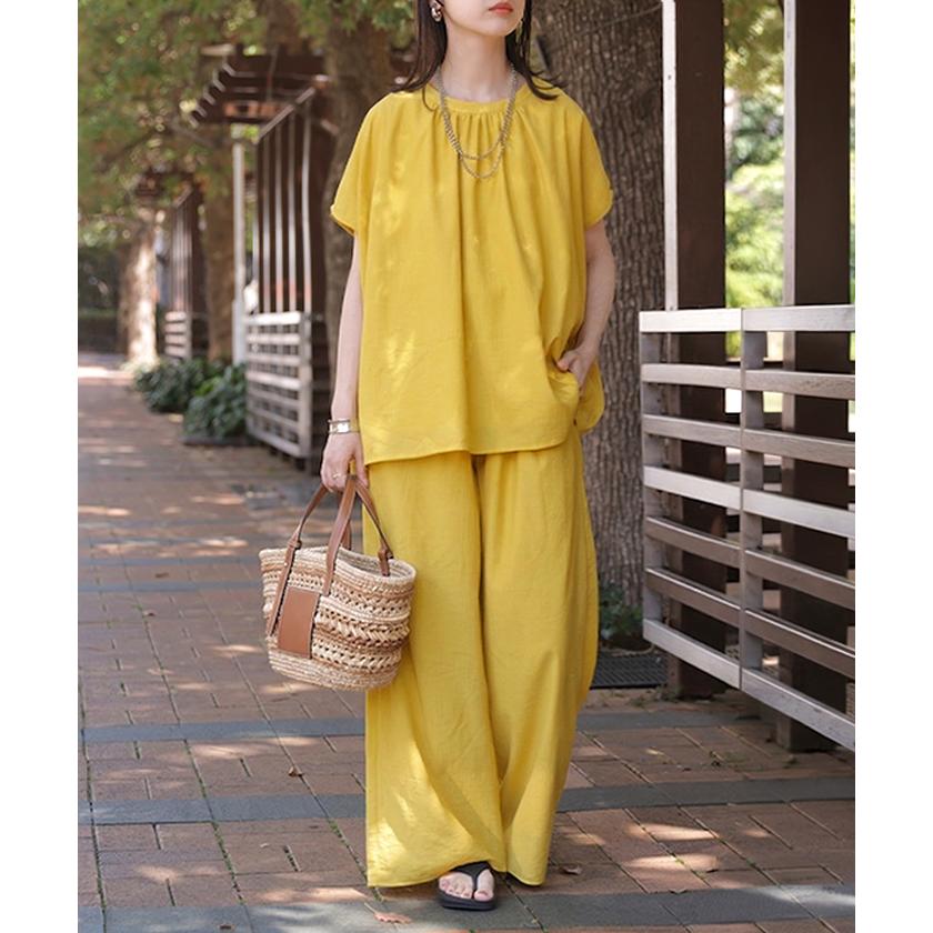 セットアップ 上下セット 2点セット レディース ボトムス パンツ トップス ブラウス フレンチスリーブ ギャザー 楊柳 ジョーゼット 半袖 ワイドパンツ ロング | HUG.U | 08