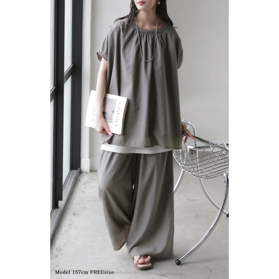 セットアップ 上下セット 2点セット レディース ボトムス パンツ トップス ブラウス フレンチスリーブ ギャザー 楊柳 ジョーゼット 半袖 ワイドパンツ ロング | HUG.U | 10