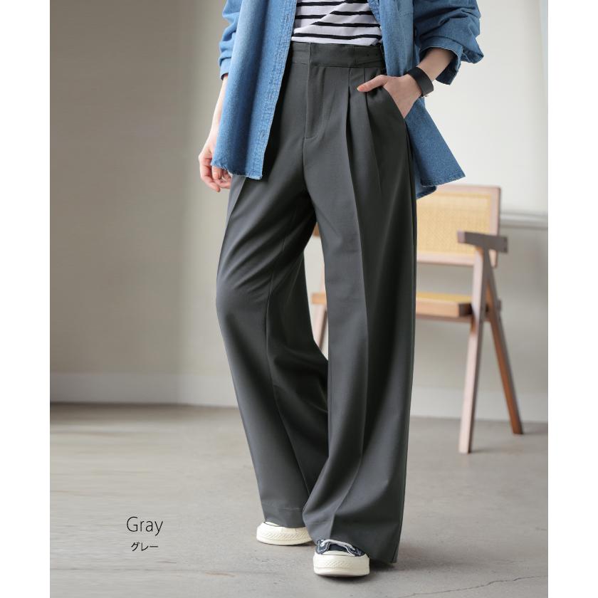 パンツ グルカパンツ レディース ボトムス ワイドパンツ ベルト付き スラックス 選べる2丈 ロング ハイウエスト ストレート センタープレス タックパンツ | HUG.U | 16