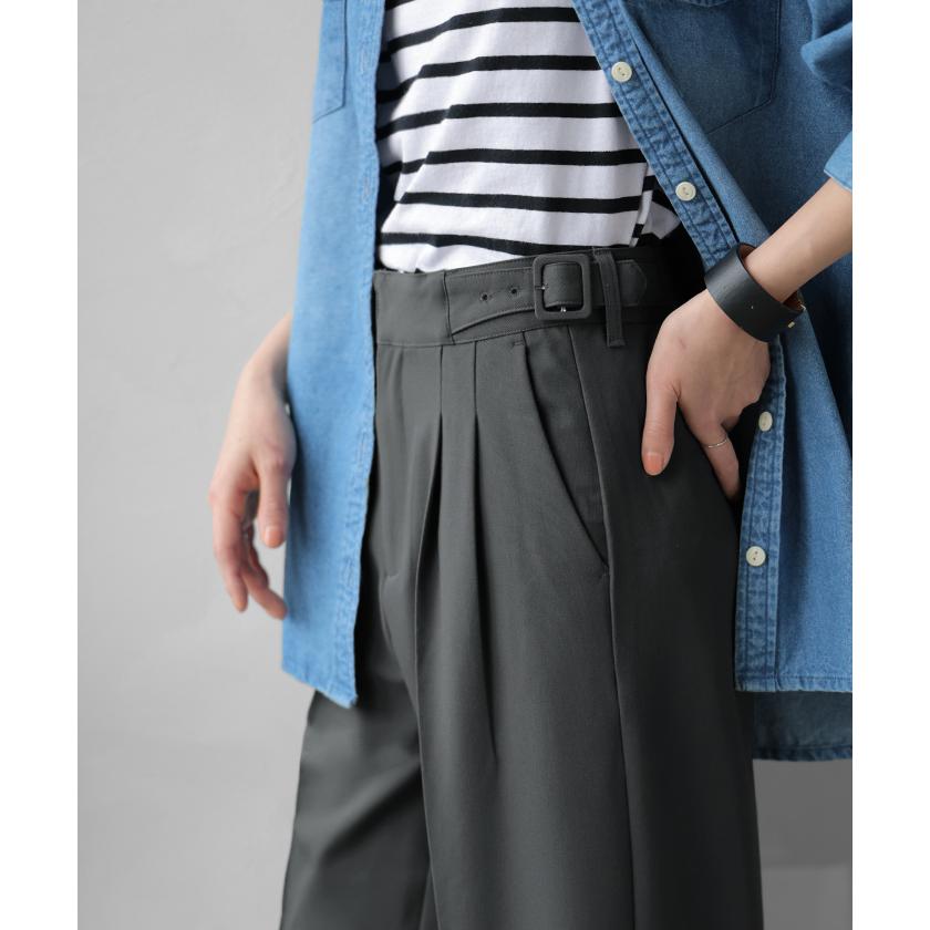 パンツ グルカパンツ レディース ボトムス ワイドパンツ ベルト付き スラックス 選べる2丈 ロング ハイウエスト ストレート センタープレス タックパンツ | HUG.U | 22