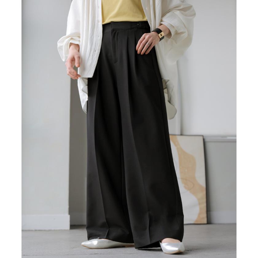 パンツ グルカパンツ レディース ボトムス ワイドパンツ ベルト付き スラックス 選べる2丈 ロング ハイウエスト ストレート センタープレス タックパンツ | HUG.U | 05