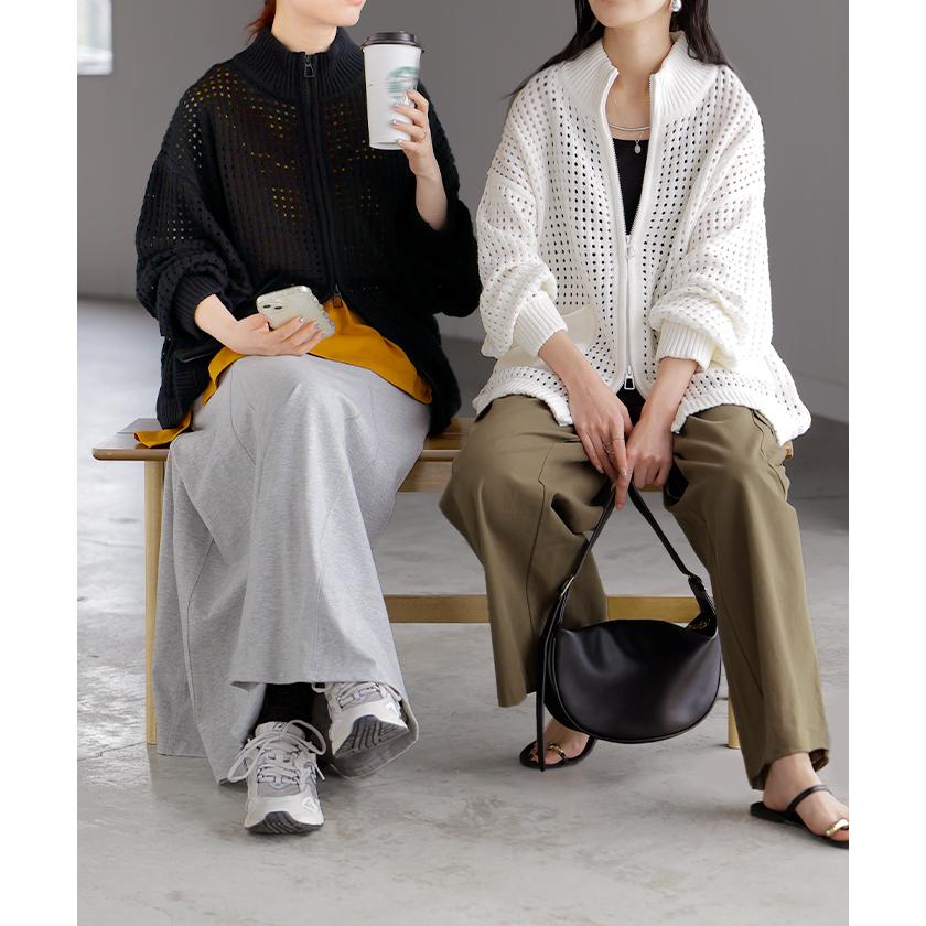 カーディガン 綿100％ 透かし編み トップス レディース サマーニット ダブルジップ 羽織り ニット コットン チクチクしない 長袖 透け感 体型カバー ゆったり | HUG.U | 21