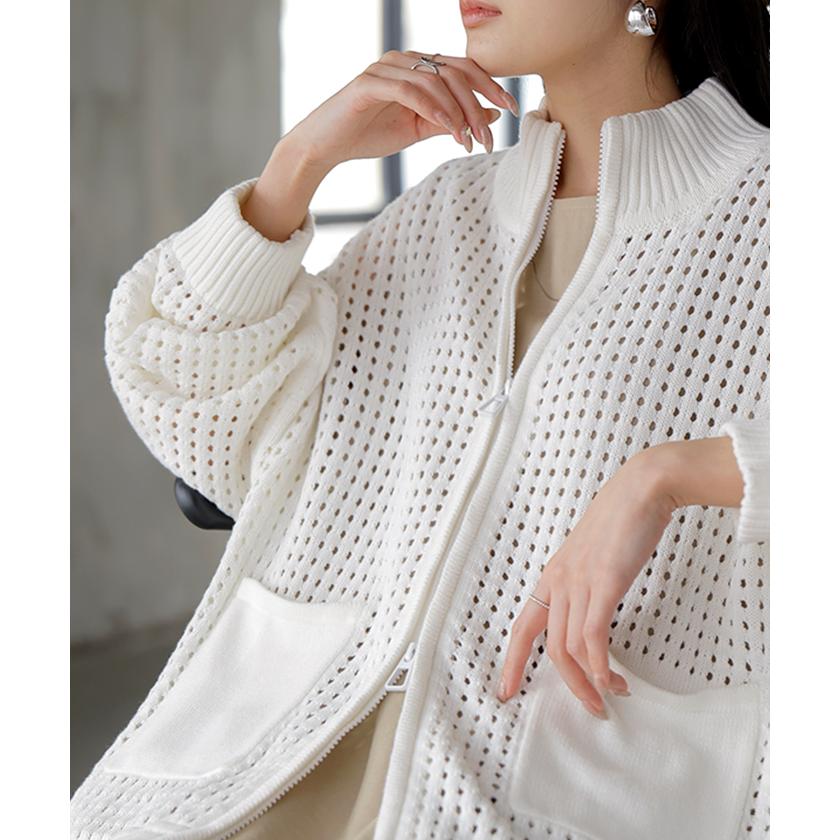 カーディガン 綿100％ 透かし編み トップス レディース サマーニット ダブルジップ 羽織り ニット コットン チクチクしない 長袖 透け感 体型カバー ゆったり | HUG.U | 04
