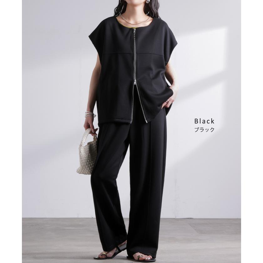 セットアップ レディース 上下セット トップス ボトムス パンツスーツ ストレッチ シワになりにくい ノーアイロン ダブルジップ ジレ ベスト Uネック パンツ | HUG.U | 13