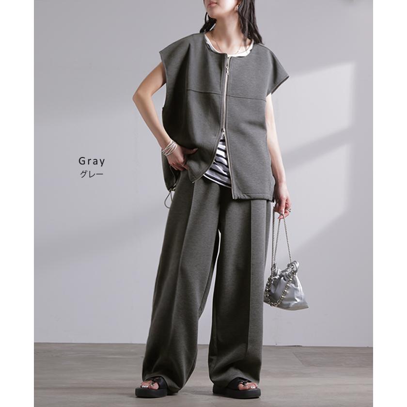 セットアップ レディース 上下セット トップス ボトムス パンツスーツ ストレッチ シワになりにくい ノーアイロン ダブルジップ ジレ ベスト Uネック パンツ | HUG.U | 15