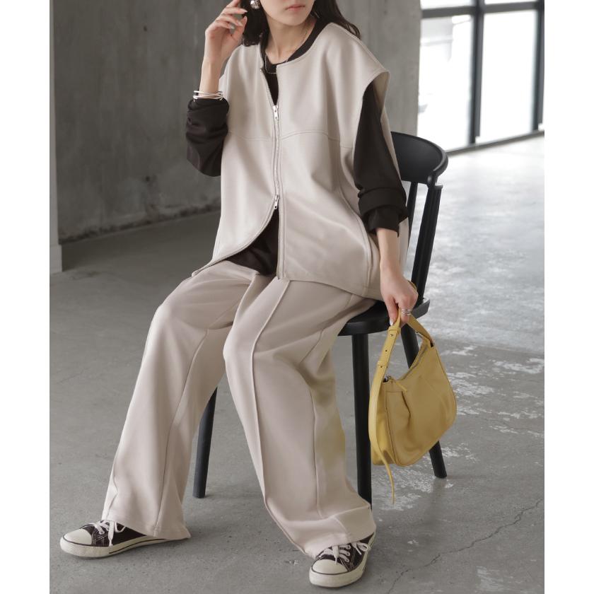 セットアップ レディース 上下セット トップス ボトムス パンツスーツ ストレッチ シワになりにくい ノーアイロン ダブルジップ ジレ ベスト Uネック パンツ | HUG.U | 17