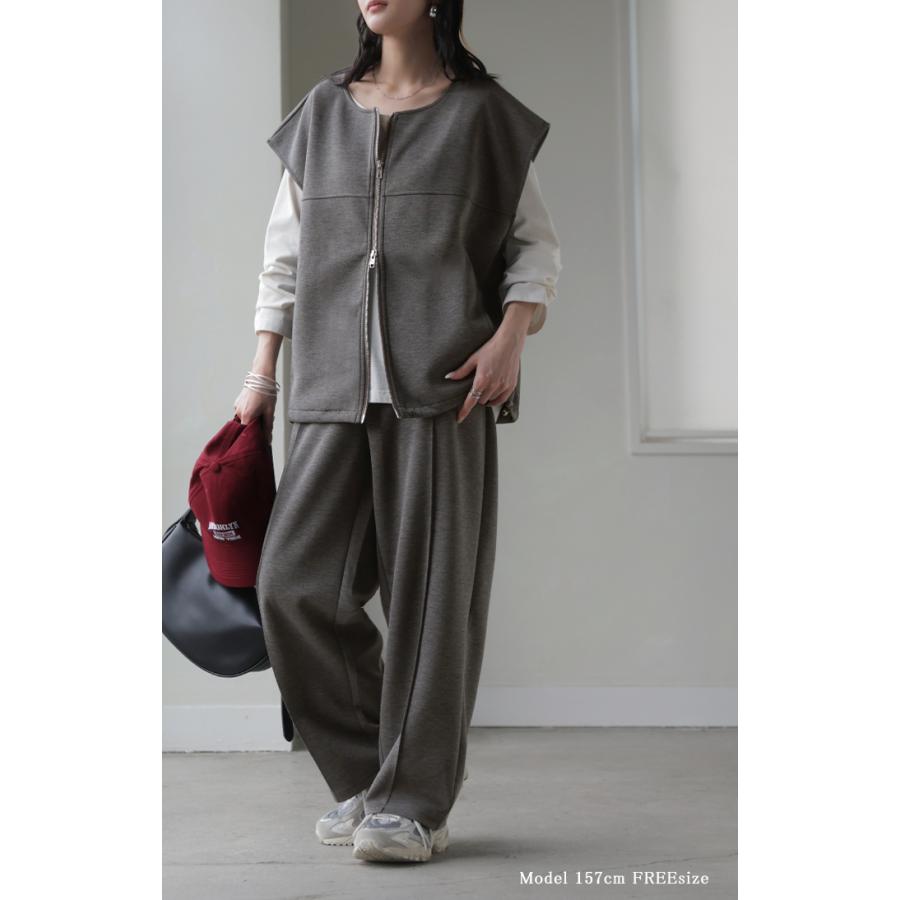 セットアップ レディース 上下セット トップス ボトムス パンツスーツ ストレッチ シワになりにくい ノーアイロン ダブルジップ ジレ ベスト Uネック パンツ | HUG.U | 19