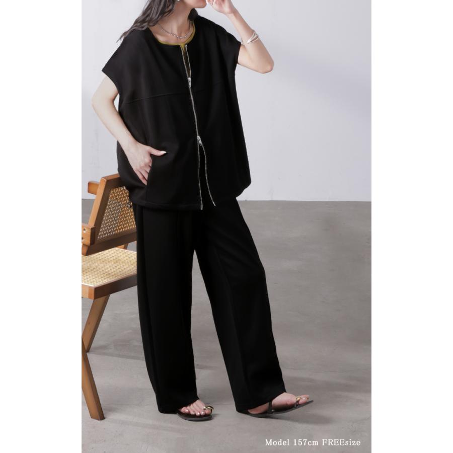 セットアップ レディース 上下セット トップス ボトムス パンツスーツ ストレッチ シワになりにくい ノーアイロン ダブルジップ ジレ ベスト Uネック パンツ | HUG.U | 05