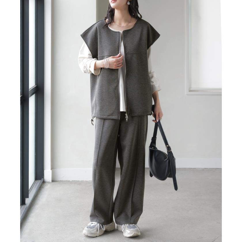 セットアップ レディース 上下セット トップス ボトムス パンツスーツ ストレッチ シワになりにくい ノーアイロン ダブルジップ ジレ ベスト Uネック パンツ | HUG.U | 07