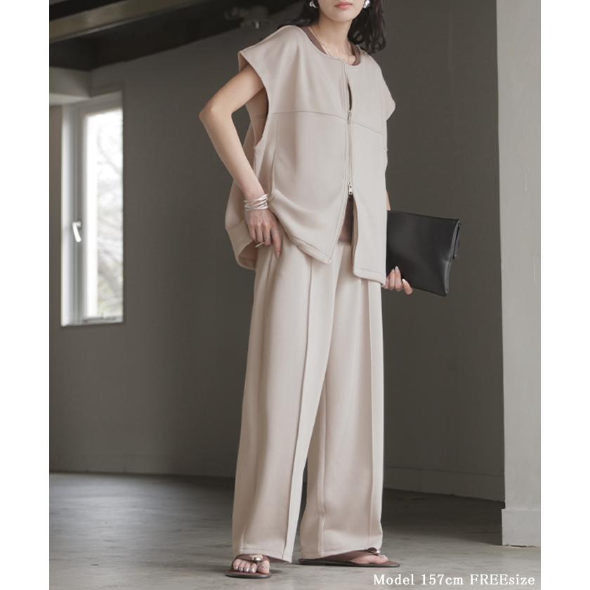 セットアップ レディース 上下セット トップス ボトムス パンツスーツ ストレッチ シワになりにくい ノーアイロン ダブルジップ ジレ ベスト Uネック パンツ | HUG.U | 09