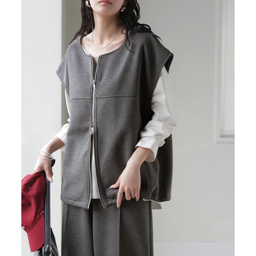 セットアップ レディース 上下セット トップス ボトムス パンツスーツ ストレッチ シワになりにくい ノーアイロン ダブルジップ ジレ ベスト Uネック パンツ | HUG.U | 11