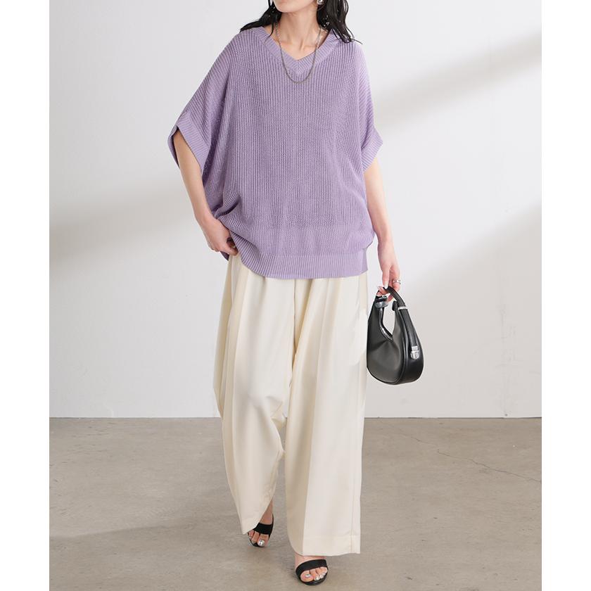 サマーニット サイダー ニット トップス レディース Vネック 半袖 チュニック 軽い ロング プルオーバー 透け感 シワになりにくい 吸水速乾 ドロップショルダー | HUG.U | 21