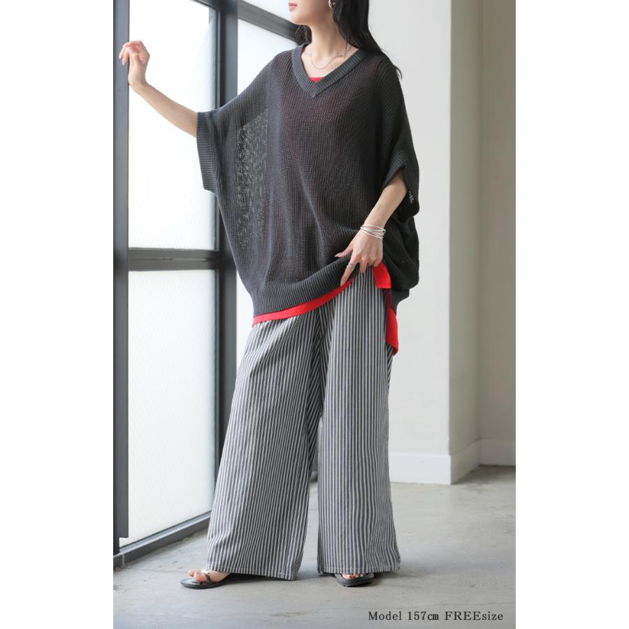 サマーニット サイダー ニット トップス レディース Vネック 半袖 チュニック 軽い ロング プルオーバー 透け感 シワになりにくい 吸水速乾 ドロップショルダー | HUG.U | 23