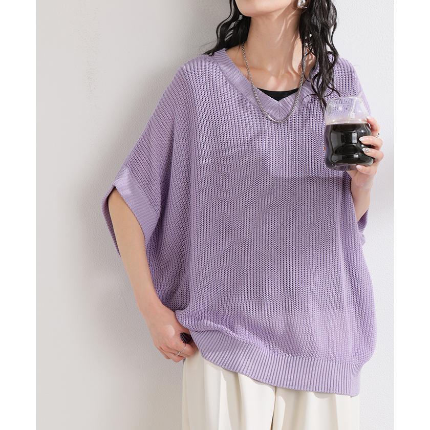 サマーニット サイダー ニット トップス レディース Vネック 半袖 チュニック 軽い ロング プルオーバー 透け感 シワになりにくい 吸水速乾 ドロップショルダー | HUG.U | 11