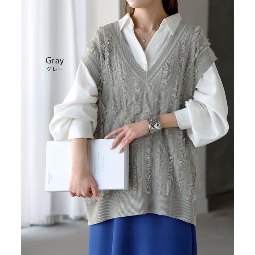 ベスト ニット フリンジ レディース トップス ロング ニットベスト レイヤード Vネック ロングベスト ノースリーブ チュニック リブ サマーニット | HUG.U | 13