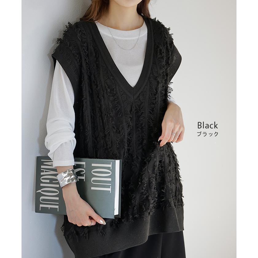 ベスト ニット フリンジ レディース トップス ロング ニットベスト レイヤード Vネック ロングベスト ノースリーブ チュニック リブ サマーニット | HUG.U | 15