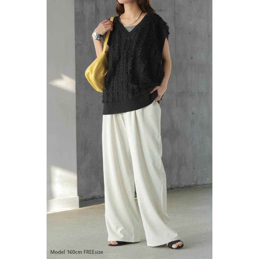 ベスト ニット フリンジ レディース トップス ロング ニットベスト レイヤード Vネック ロングベスト ノースリーブ チュニック リブ サマーニット | HUG.U | 19