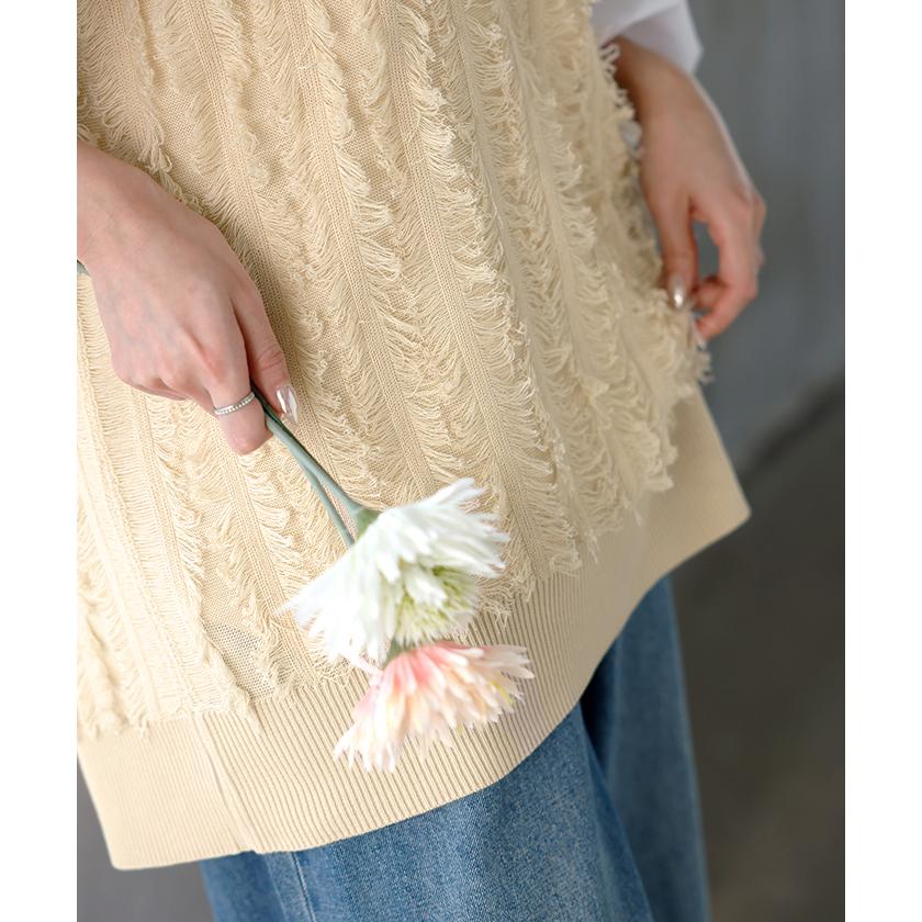 ベスト ニット フリンジ レディース トップス ロング ニットベスト レイヤード Vネック ロングベスト ノースリーブ チュニック リブ サマーニット | HUG.U | 21