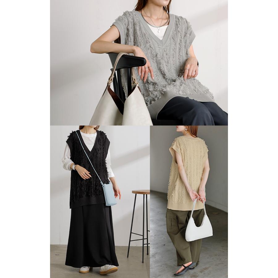 ベスト ニット フリンジ レディース トップス ロング ニットベスト レイヤード Vネック ロングベスト ノースリーブ チュニック リブ サマーニット | HUG.U | 22