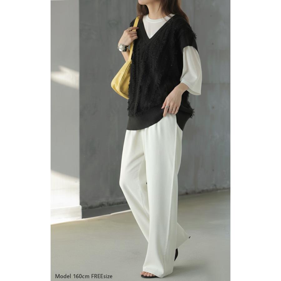 ベスト ニット フリンジ レディース トップス ロング ニットベスト レイヤード Vネック ロングベスト ノースリーブ チュニック リブ サマーニット | HUG.U | 05