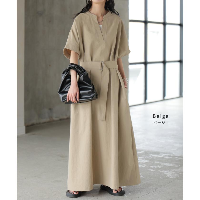 ワンピース レディース ロングワンピース マキシワンピース Vネック キーネック Aライン シャツワンピース ロング バックルベルト ベルト付き ポケット 半袖の画像
