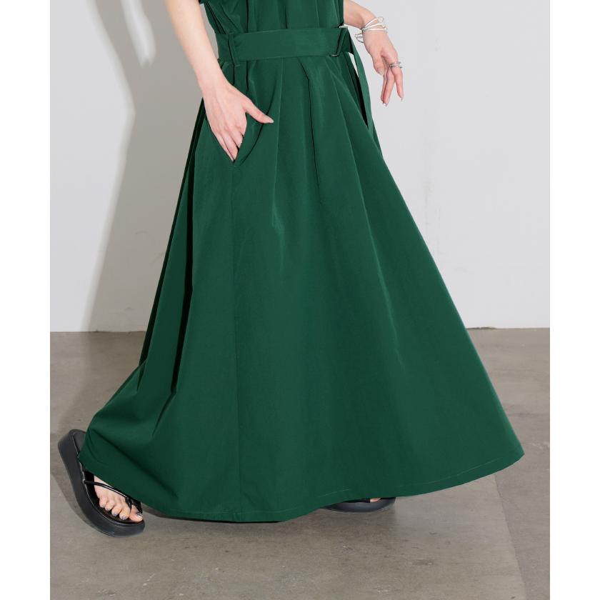 ワンピース レディース ロングワンピース マキシワンピース Vネック キーネック Aライン シャツワンピース ロング バックルベルト ベルト付き ポケット 半袖の画像