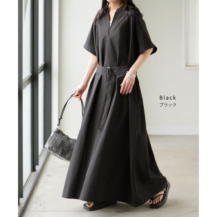 ワンピース レディース ロングワンピース マキシワンピース Vネック キーネック Aライン シャツワンピース ロング バックルベルト ベルト付き ポケット 半袖の画像