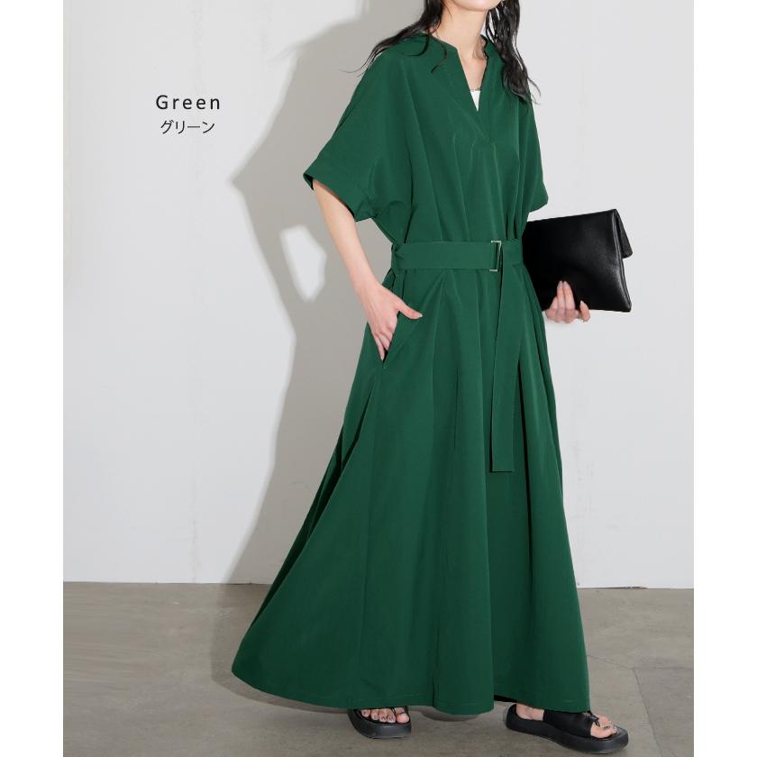 ワンピース レディース ロングワンピース マキシワンピース Vネック キーネック Aライン シャツワンピース ロング バックルベルト ベルト付き ポケット 半袖の画像