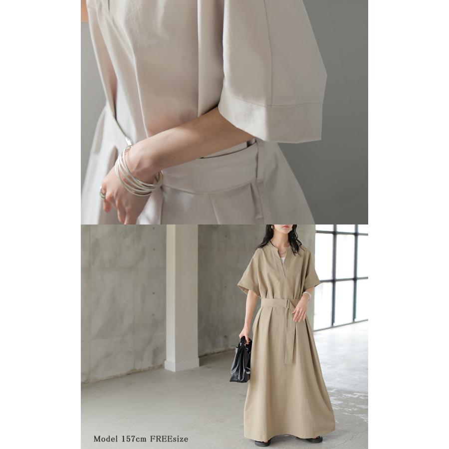 ワンピース レディース ロングワンピース マキシワンピース Vネック キーネック Aライン シャツワンピース ロング バックルベルト ベルト付き ポケット 半袖の画像