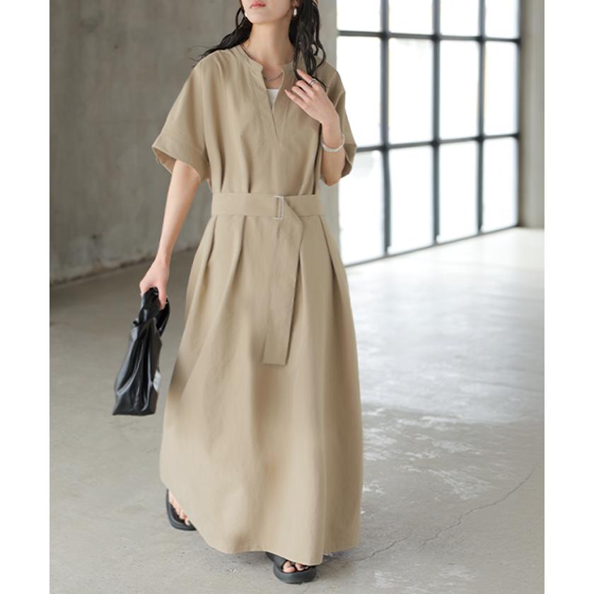 ワンピース レディース ロングワンピース マキシワンピース Vネック キーネック Aライン シャツワンピース ロング バックルベルト ベルト付き ポケット 半袖の画像