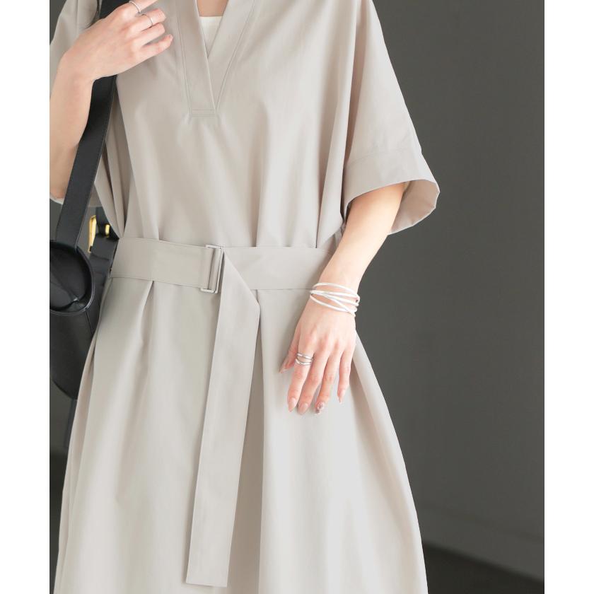 ワンピース レディース ロングワンピース マキシワンピース Vネック キーネック Aライン シャツワンピース ロング バックルベルト ベルト付き ポケット 半袖の画像