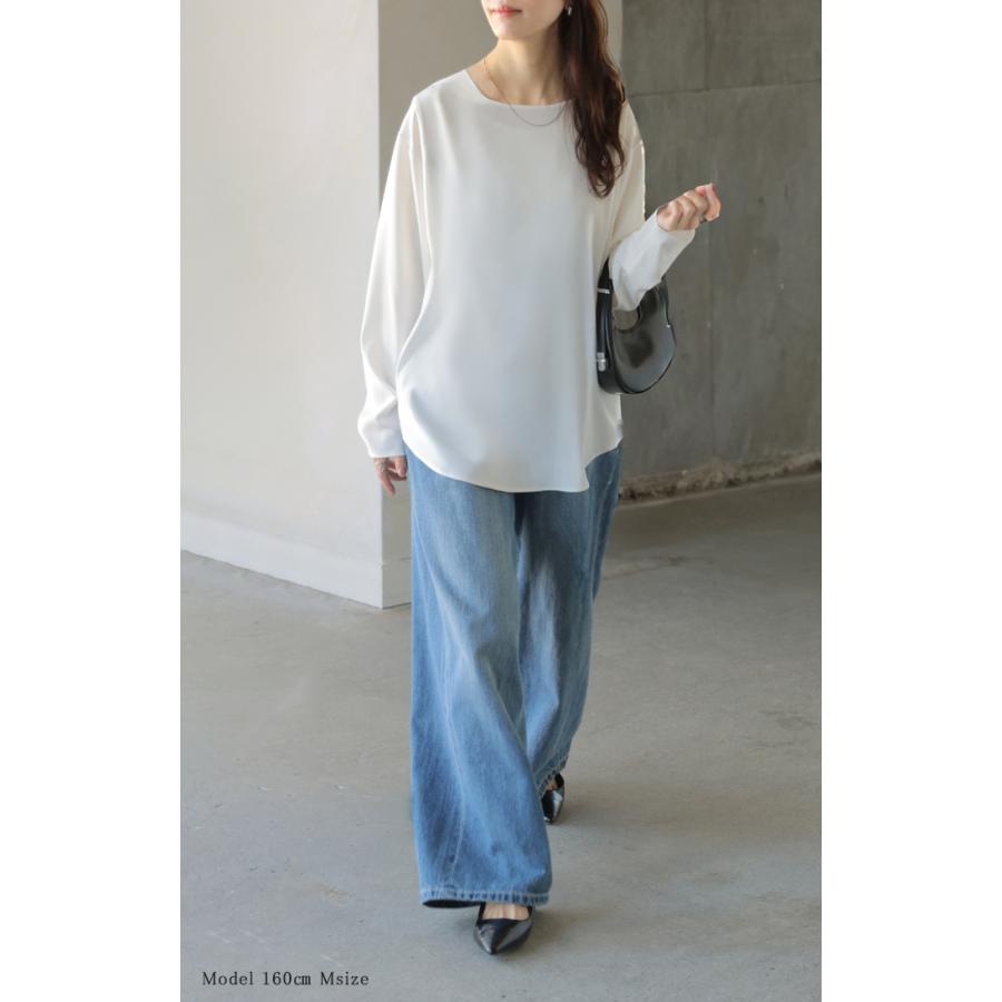 ブラウス ロンT シワになりにくい トップス ロング シャツ ノーカラー ロングシャツ チュニック クルーネック 長袖 無地 イージーケア きれいめ | HUG.U | 11
