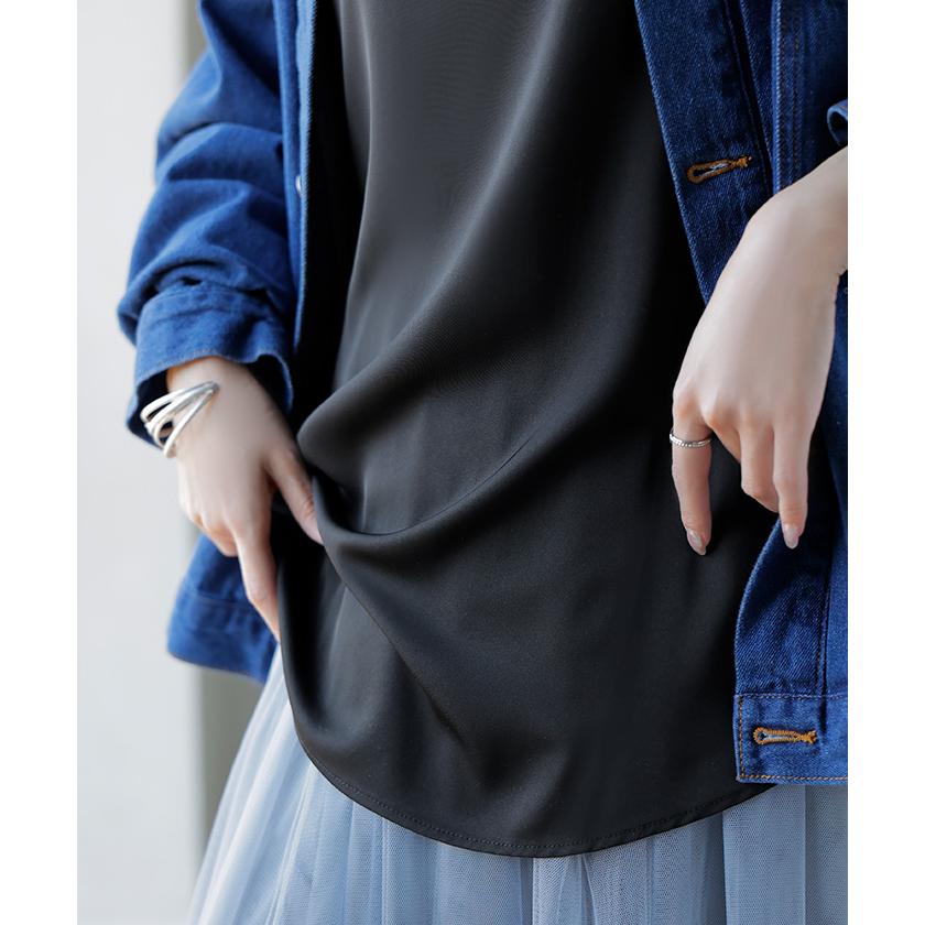 ブラウス ロンT シワになりにくい トップス ロング シャツ ノーカラー ロングシャツ チュニック クルーネック 長袖 無地 イージーケア きれいめ | HUG.U | 19