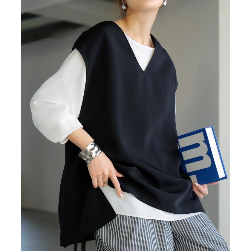 ブラウス ロンT シワになりにくい トップス ロング シャツ ノーカラー ロングシャツ チュニック クルーネック 長袖 無地 イージーケア きれいめ | HUG.U | 09