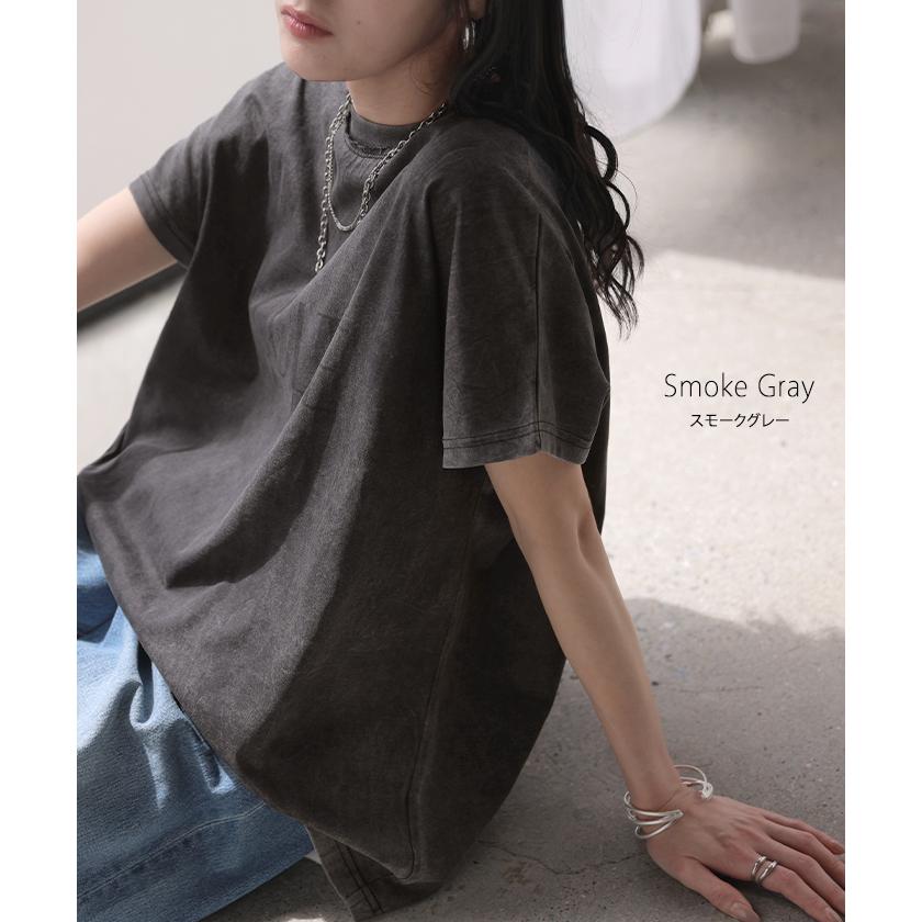 Tシャツ ロゴT 綿100％ レディース トップス カットソー ロング ヴィンテージ 半袖 コットン ロゴTシャツ クルーネック ウォッシュ加工 お尻が隠れる 体型カバー | HUG.U | 16