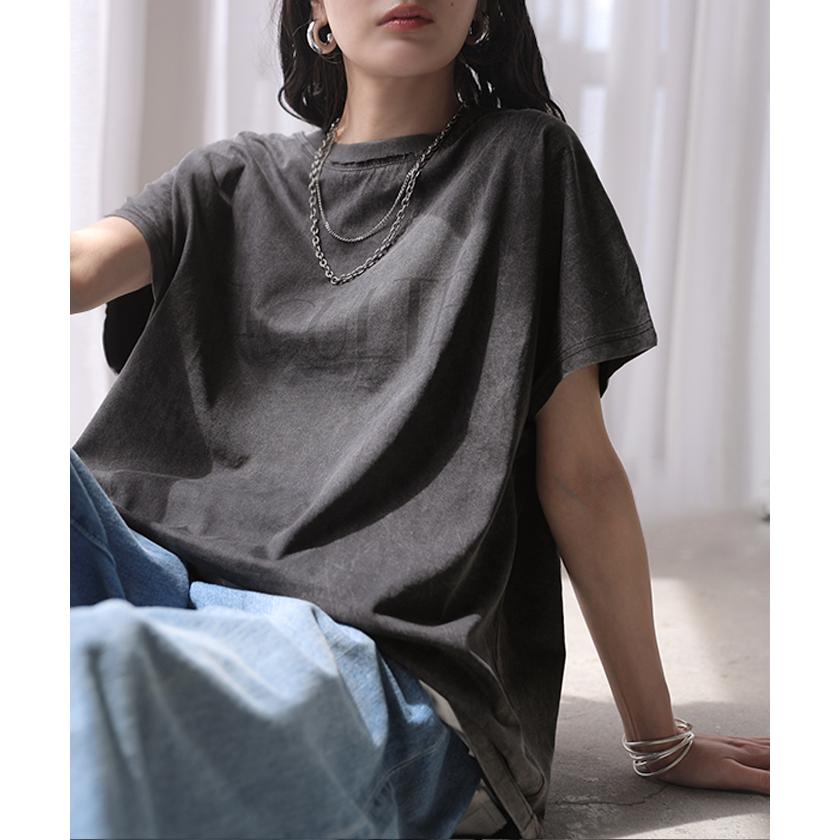 Tシャツ ロゴT 綿100％ レディース トップス カットソー ロング ヴィンテージ 半袖 コットン ロゴTシャツ クルーネック ウォッシュ加工 お尻が隠れる 体型カバー | HUG.U | 07