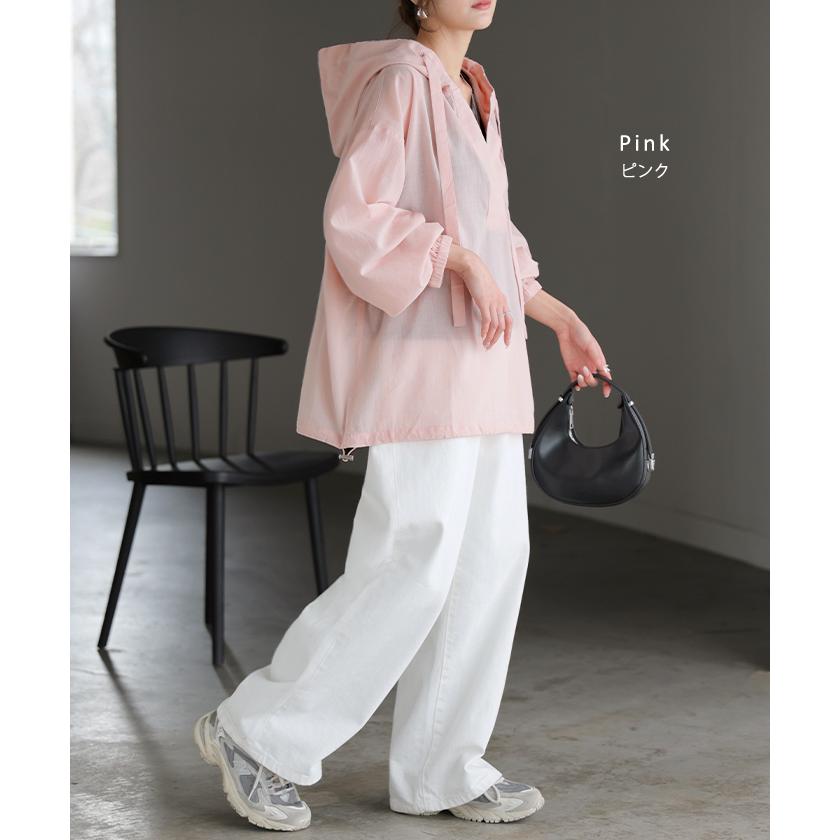 パーカー 綿100 シアー レディース トップス コットン フーディー 透け感 Vネック 長袖 体型カバー スキッパー レイヤード 重ね着 プルオーバー | HUG.U | 16