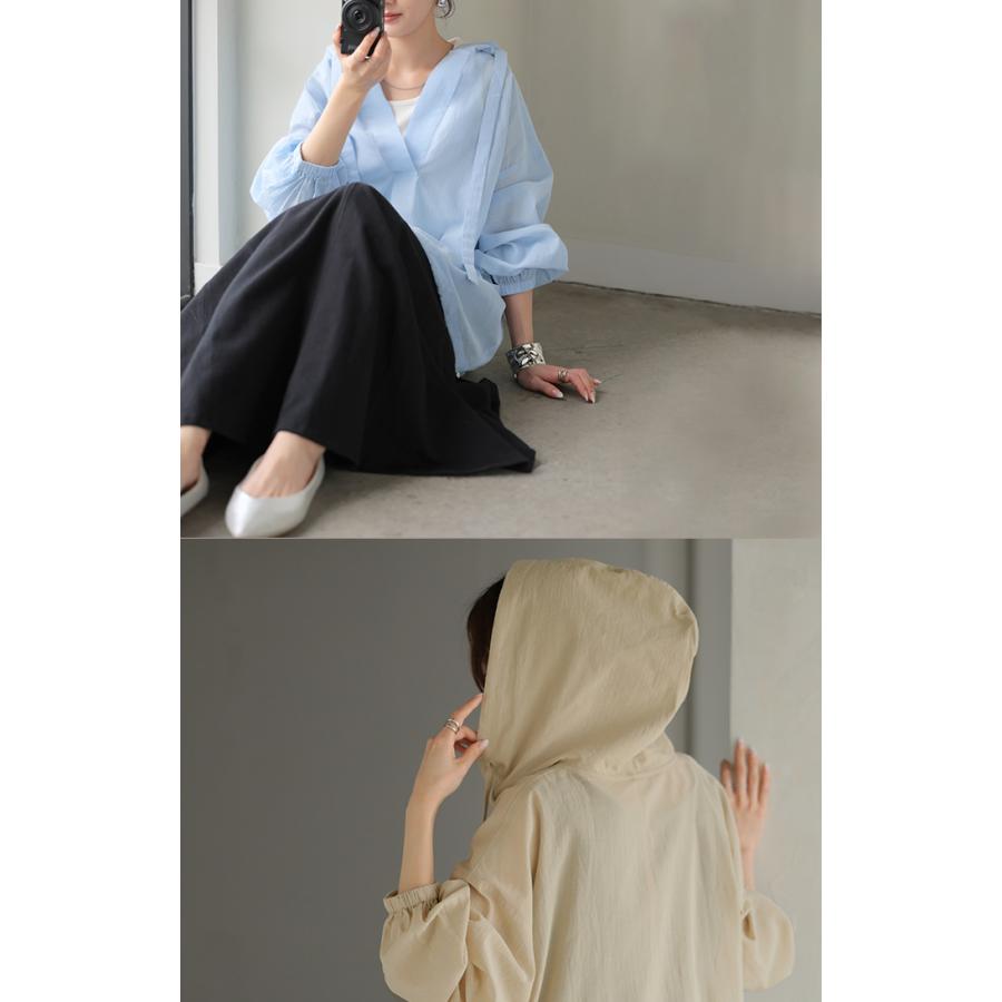 パーカー 綿100 シアー レディース トップス コットン フーディー 透け感 Vネック 長袖 体型カバー スキッパー レイヤード 重ね着 プルオーバー | HUG.U | 23