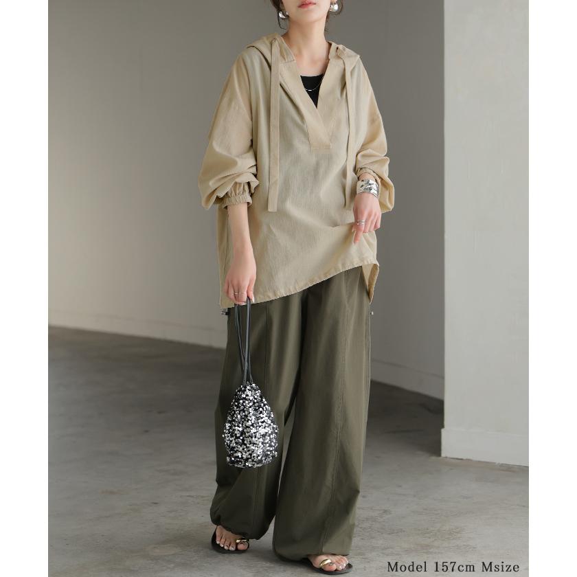 パーカー 綿100 シアー レディース トップス コットン フーディー 透け感 Vネック 長袖 体型カバー スキッパー レイヤード 重ね着 プルオーバー | HUG.U | 08