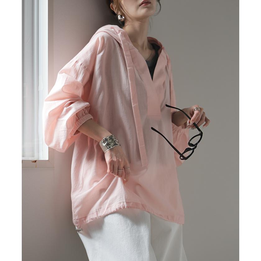 パーカー 綿100 シアー レディース トップス コットン フーディー 透け感 Vネック 長袖 体型カバー スキッパー レイヤード 重ね着 プルオーバー | HUG.U | 10