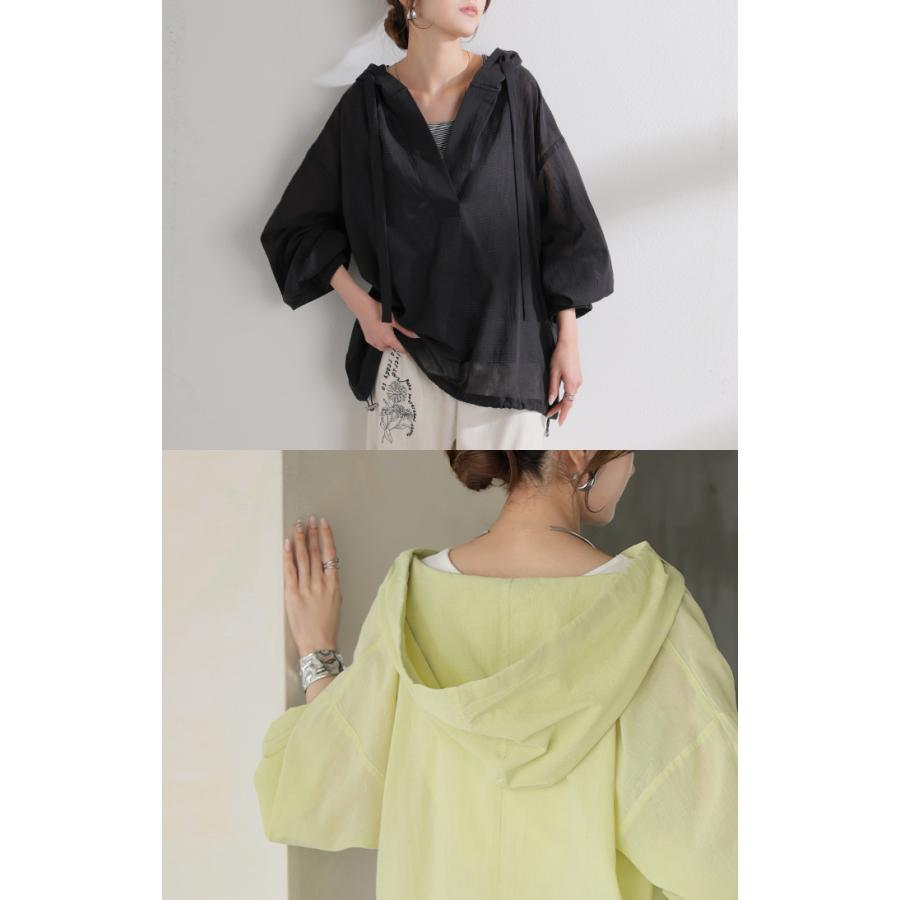 パーカー 綿100 シアー レディース トップス コットン フーディー 透け感 Vネック 長袖 体型カバー スキッパー レイヤード 重ね着 プルオーバー | HUG.U | 12