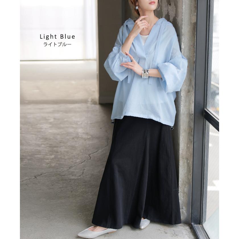 パーカー 綿100 シアー レディース トップス コットン フーディー 透け感 Vネック 長袖 体型カバー スキッパー レイヤード 重ね着 プルオーバー | HUG.U | 14