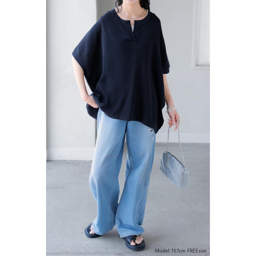 ニット スキッパー ドルマン レディース トップス ロング プルオーバー セーター サマーニット Tシャツ Vネック ちくちくしない ハイゲージ しっかり 通気性 | HUG.U | 17
