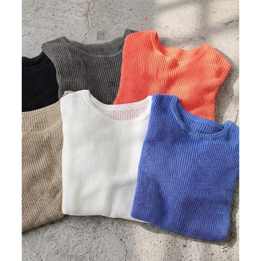 サマーニット 透かし編み プルオーバー ルーズ レディース トップス ニット セーター オーバー ロング メッシュ チュニック 透け リネン風 半袖 五分袖 七分袖 | HUG.U | 22