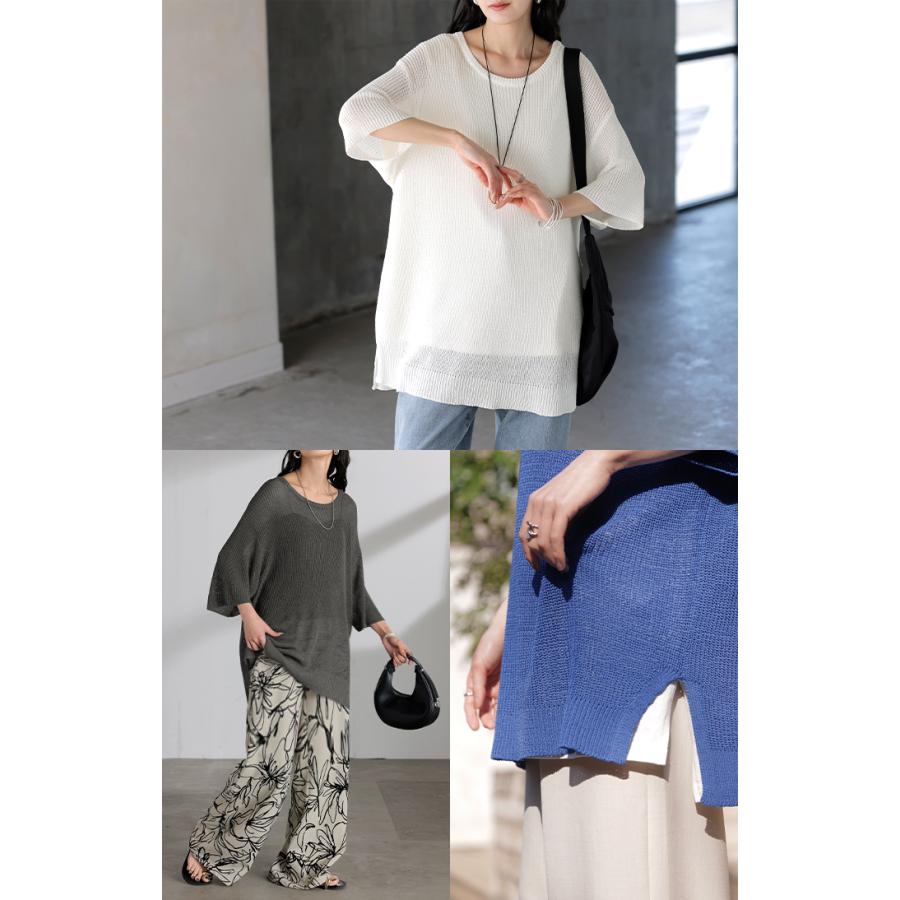 サマーニット 透かし編み プルオーバー ルーズ レディース トップス ニット セーター オーバー ロング メッシュ チュニック 透け リネン風 半袖 五分袖 七分袖 | HUG.U | 23