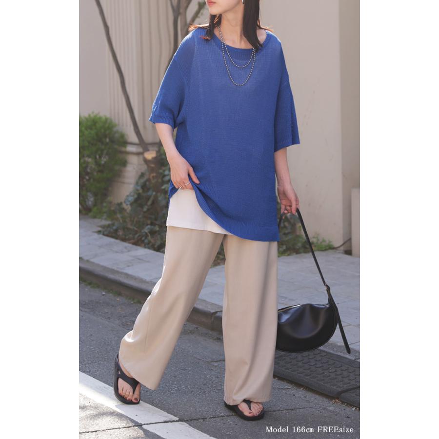 サマーニット 透かし編み プルオーバー ルーズ レディース トップス ニット セーター オーバー ロング メッシュ チュニック 透け リネン風 半袖 五分袖 七分袖 | HUG.U | 25