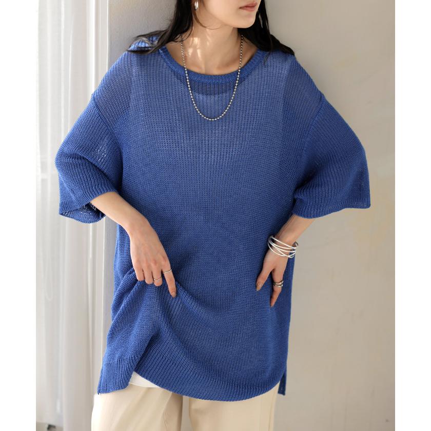 サマーニット 透かし編み プルオーバー ルーズ レディース トップス ニット セーター オーバー ロング メッシュ チュニック 透け リネン風 半袖 五分袖 七分袖 | HUG.U | 10